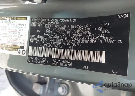 2004 Toyota Highlander V6 z USA, uszkodzony, nr VIN JTEDP21A540026725